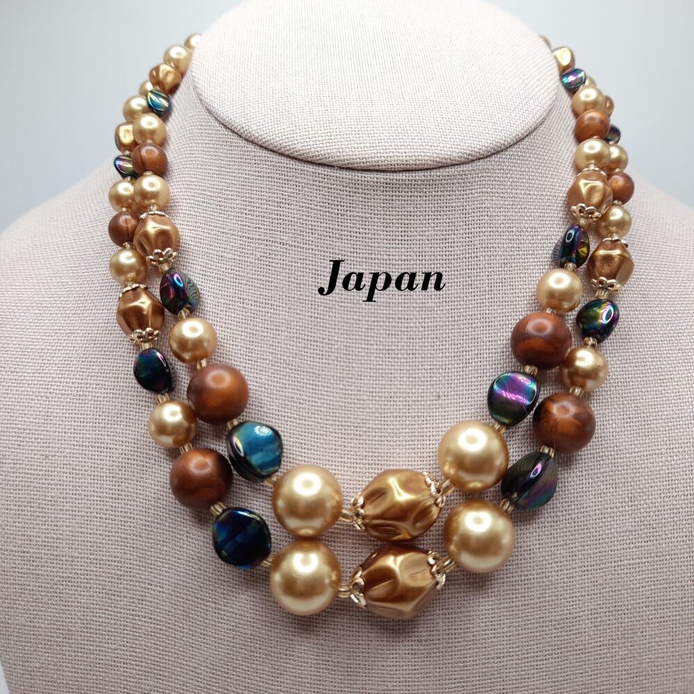 Vintage Japan Art Bead Necklace Iridescent Glass Wood Pearl Double Strand